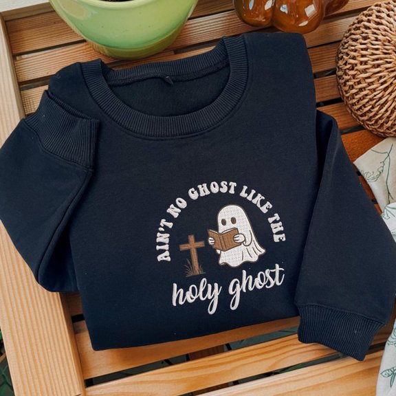 Embroidered Christian Sweatshirt Gift for Christian, Cute Ghost Catholic Shirt, Funny Ghost with Bible Hoodie, Retro Christian Apparel Shirt