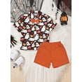 thumbnail image 4 of Yunliwuli Toddler Boys Halloween Outfits Bowtie Ghost Pumpkin Print Turn-Down Collar Short Sleeve Shirts Tops Shorts 2Pcs Clothes Set, 4 of 9