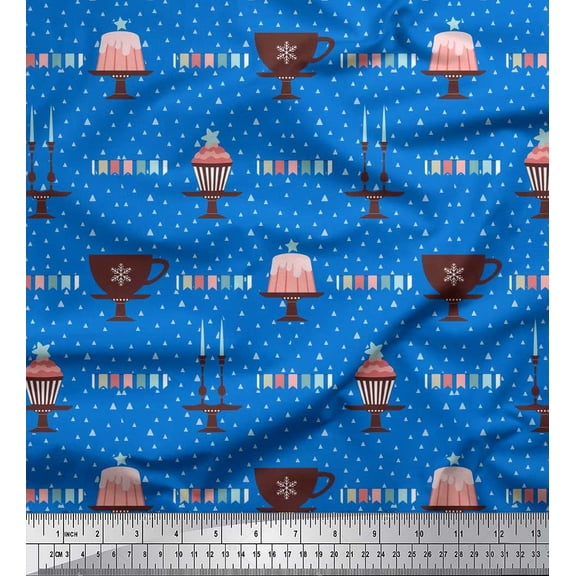 Soimoi Poly Georgette Fabric Celebration Flag,Candlestick & Cake Party Printed Fabric 1 Yard 52 Inch Wide