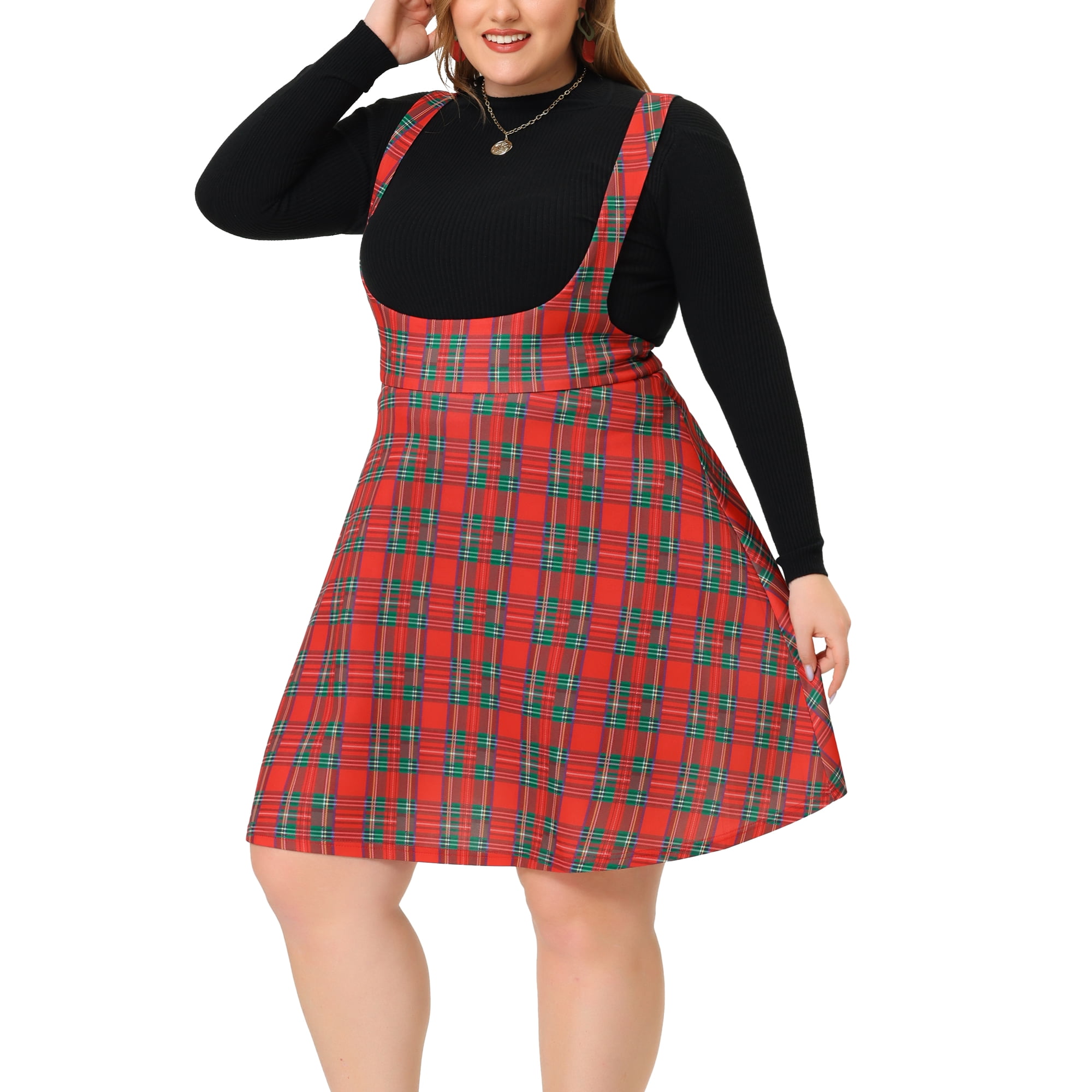 Unique Bargains Plus Size Suspenders Skirts for Women a Line Mini Tartan Overall Pinafore Dress Suspender Skirt Red 1X Walmart