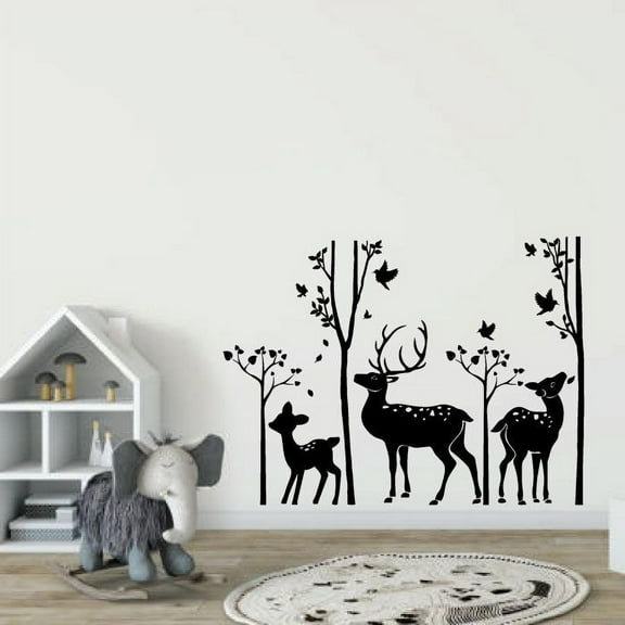 Deer Raindeers Silhouette Tree Leave Fall Themed Design Birds Peaceful Vinyl Wall Art Wall Sticker Wall Decal Decoration For Home Room Kids Room Nursery Room Girls Boys Décor Design Size (10x10 inch)
