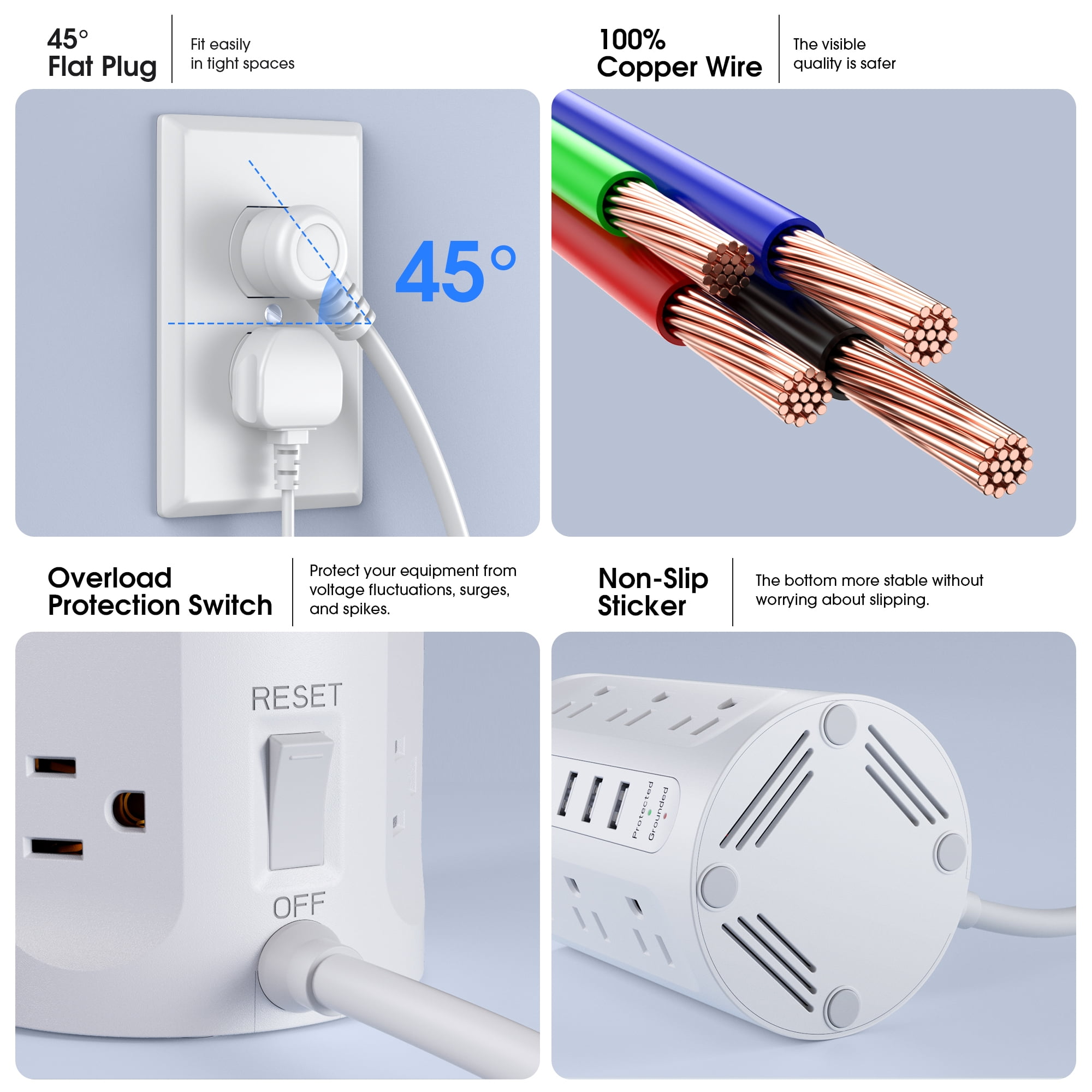 12 Outlets Power Strip Tower with Night Light, Surge Protector with 5 USB(4U+2C) Ports 10 FT Extension Cord, White