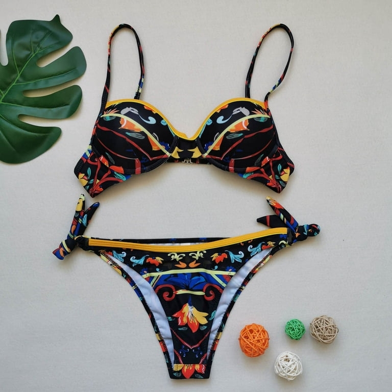 Save Big Women's Bikini Swimsuit Hawaiian Tropical Print Beachwear Strappy Bathing  Suit Push-Up Brazilian Swimwear Sets Summer Fashion Cozy Outfits for Girls  Female Leisure Pink S 