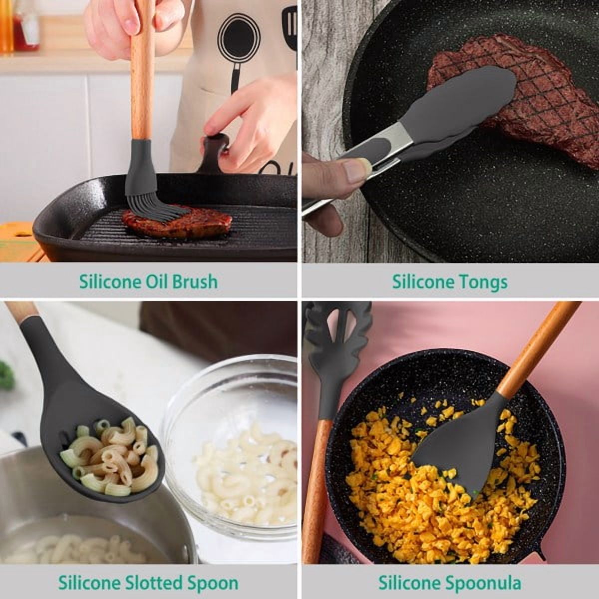11Pcs Silicone Cooking Utensil Set Heat Resist Wooden Handle Silicone Spatula Ladle Spaghetti Server Tongs Spoon Egg whisk Kitchenware Set w/ Holder Grey