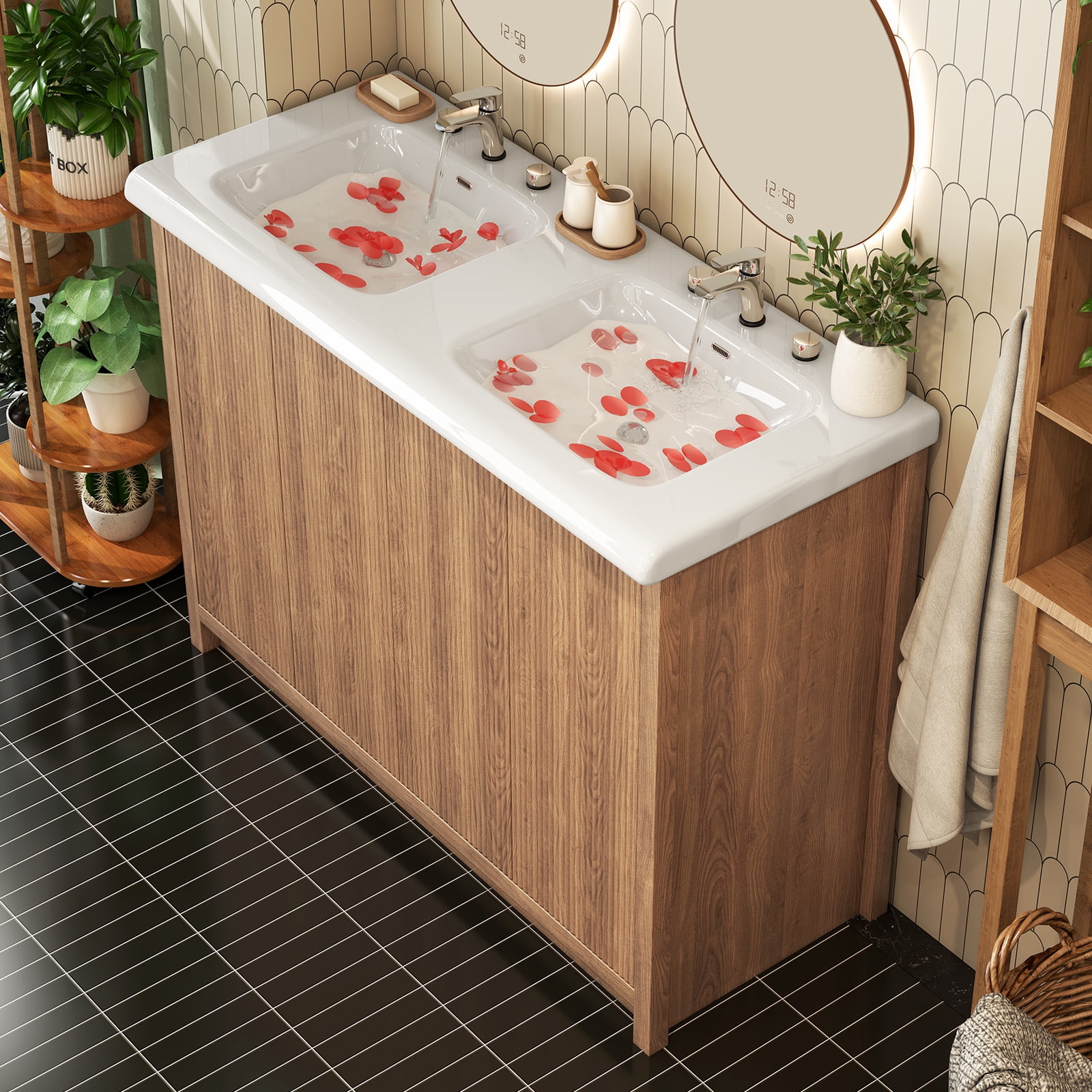 Jarbalai 47" Freestanding Double Sink Bathroom Vanity and Storage Shelves Cabinet, Oak