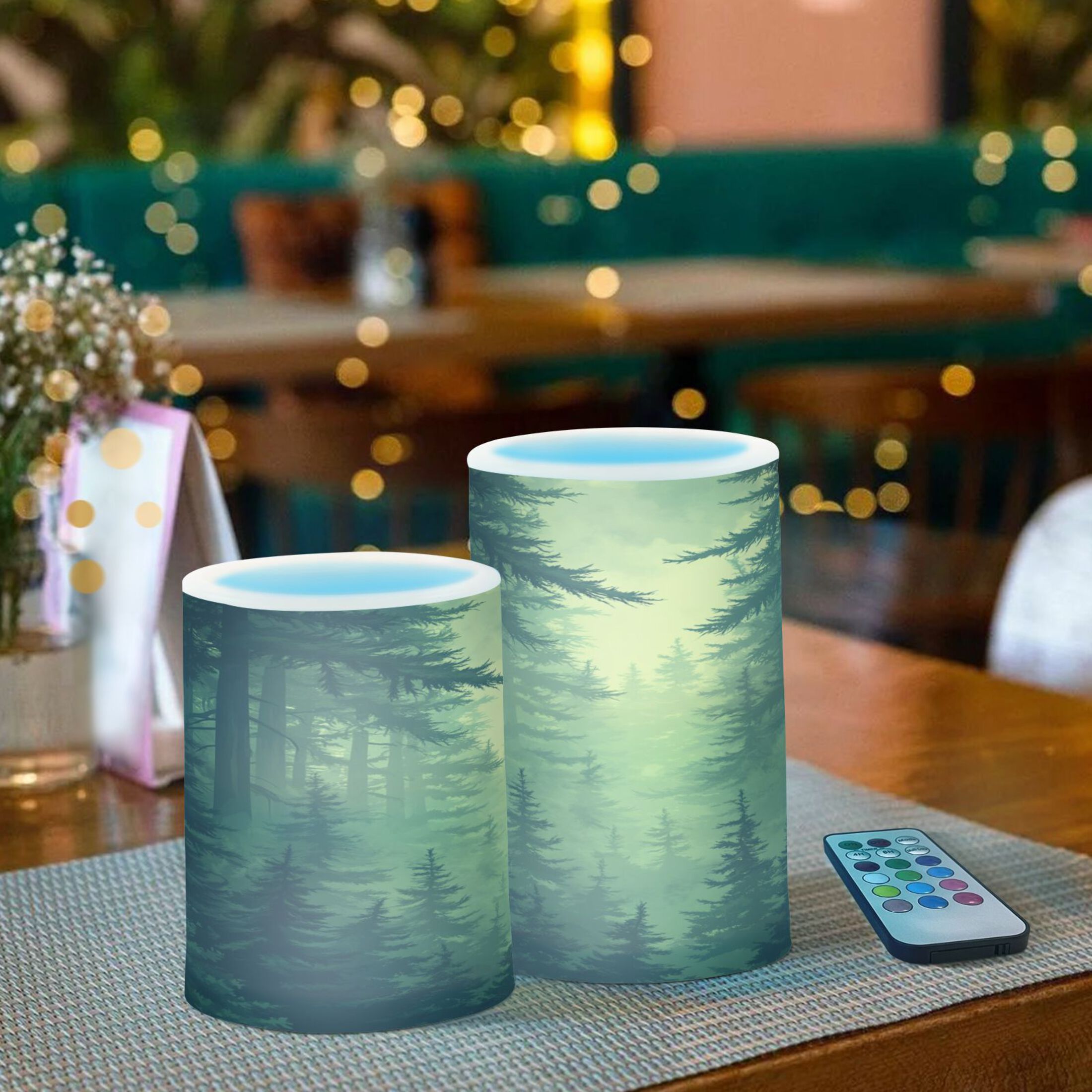 Green Forest Set of 2 Flameless LED Candles Remote and Timer Indoor Outdoor