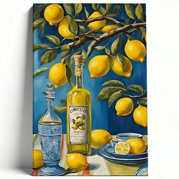 Italian Limoncello Canvas Wall Art Lemon Tree Painting Mediterranean Still Life Poster Kitchen Dining Room Decor Print Ready to Hang 8*12