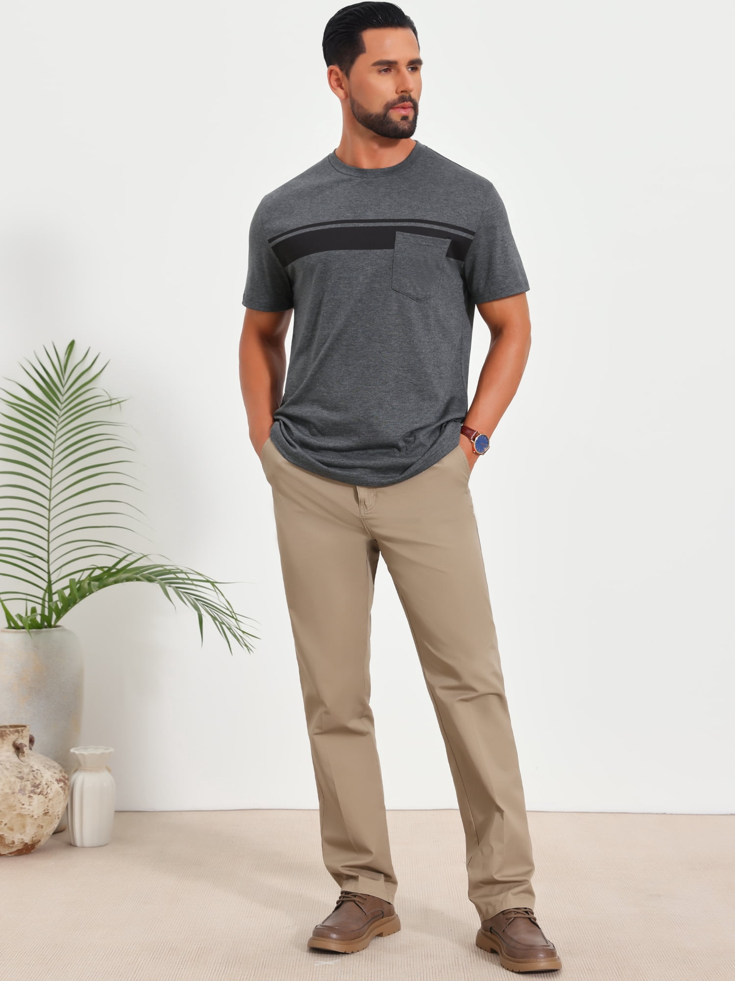 DARING DIVA Men's Chest Pocket Striped Print Crew Neck Short Sleeve T-Shirt 2XL Dark Gray