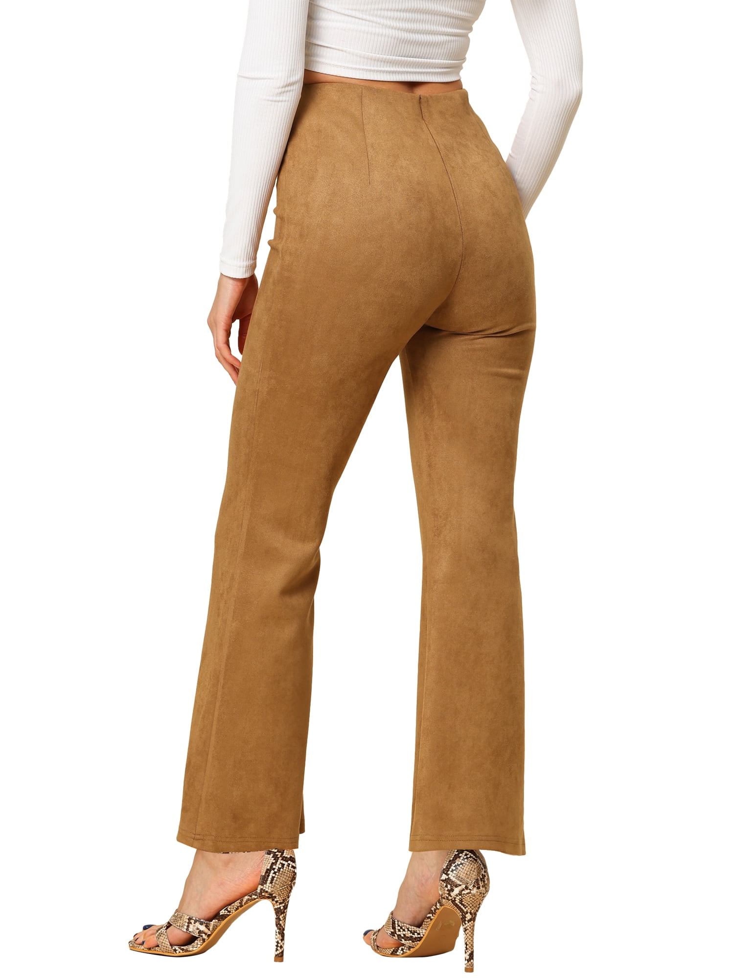 Unique Bargains Juniors Flared Hidden Side Zipper Knitted Faux Suede Flared Pants