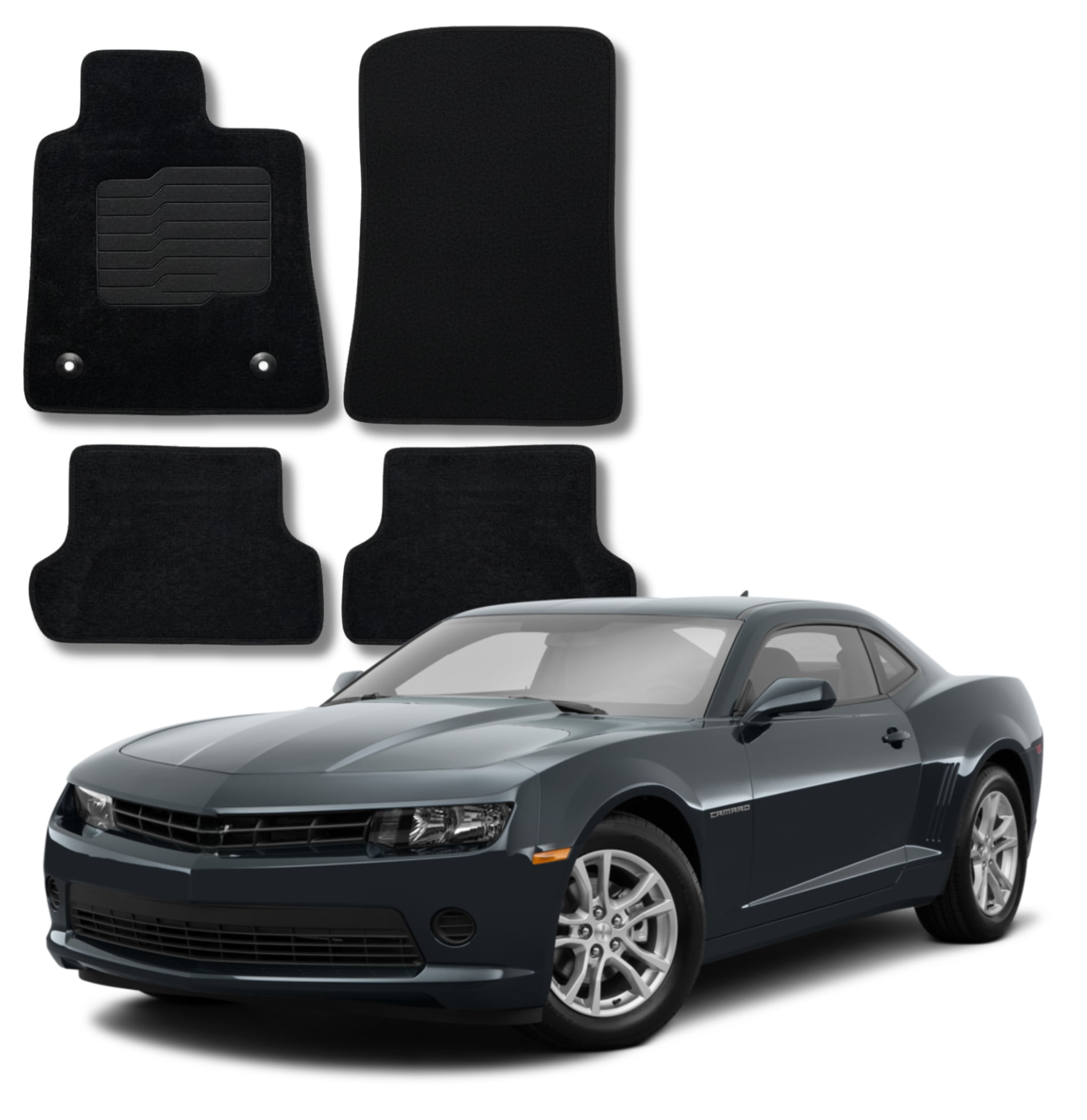 Carpet Floor Mats for 2016 to 2025 Chevrolet Camaro with Driver Heel Pad, Front and Rear, Black - ecoMats