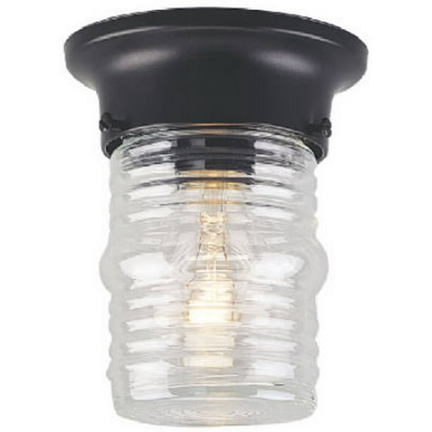 2PKSingle Light Jelly Jar Fixture Black Finish Clear Fluted Glass