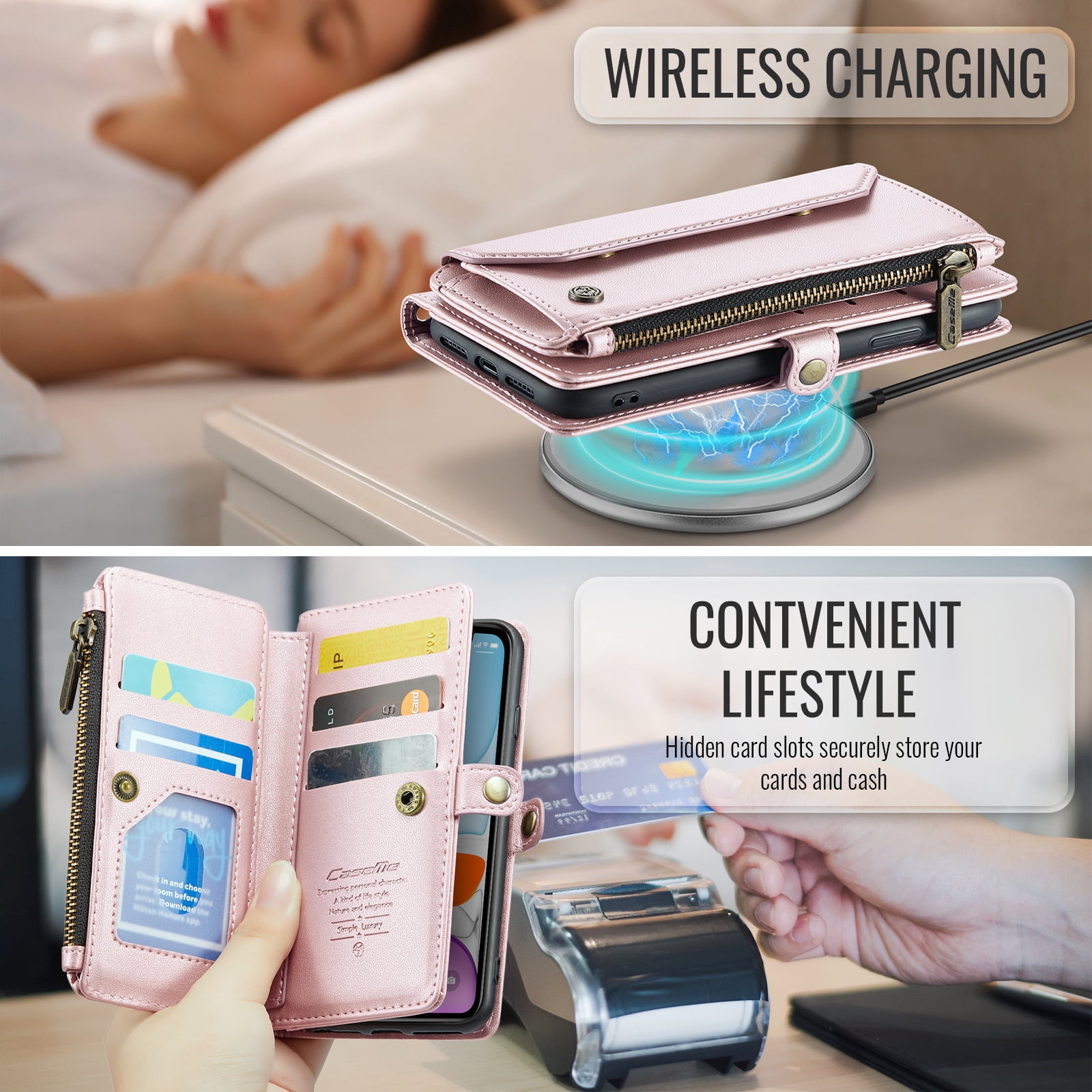 for iPhone 11 Full Body Protection Wallet Folio Flip Case, Shoulder Strap & Wristlet Card Slots Zipper Pocket RFID Blocking Rugged Durable PU Leather Phone Case Cover, Pink