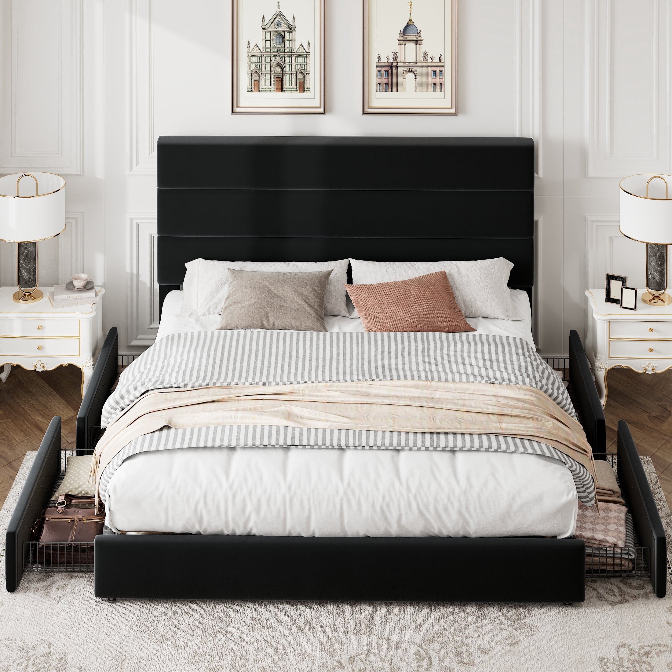 Amolife Queen Size Storage Platform Bed Frame with 4 Drawers & Upholstered Velvet Slat Headboard, Black