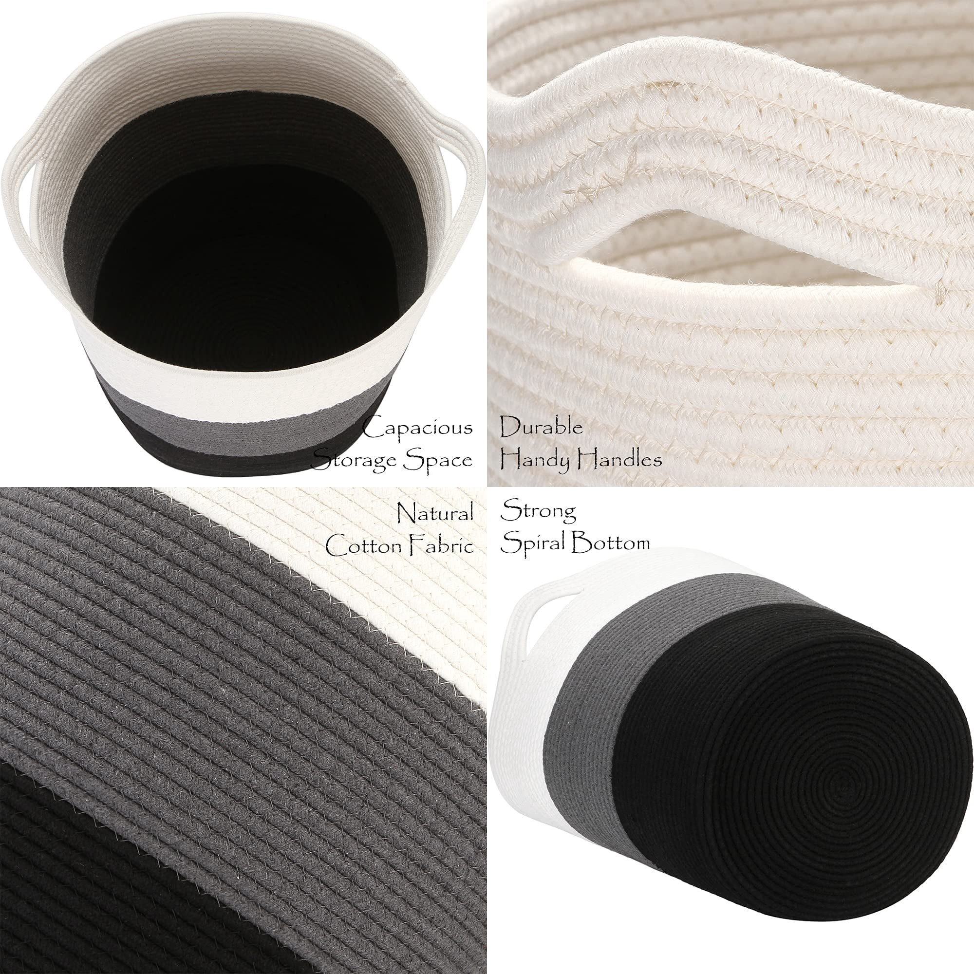 Sea Team Large Size Cotton Rope Woven Storage Basket Laundry Hamper with Handles, 14 x 20 inches, White & Black