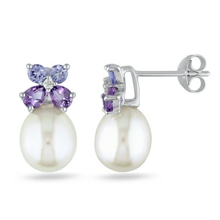 Miabella Women's 8-8.5mm Cultured Freshwater Pearl, 1 Carat T.G.W. Pear-Cut Tanzanite and Amethyst Sterling Silver Floral Post Earrings