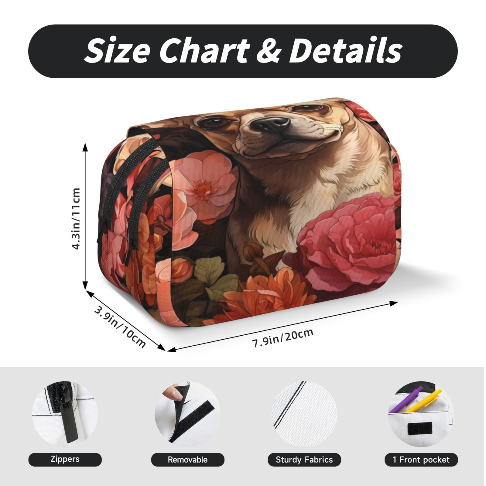 Rateoe Vintage Red Flower Chihuahua Pattern Double Clamshell Pen Case, Storage Organizer with Two Zipper Compartments– Holds Up to 50 Pencils & Pens