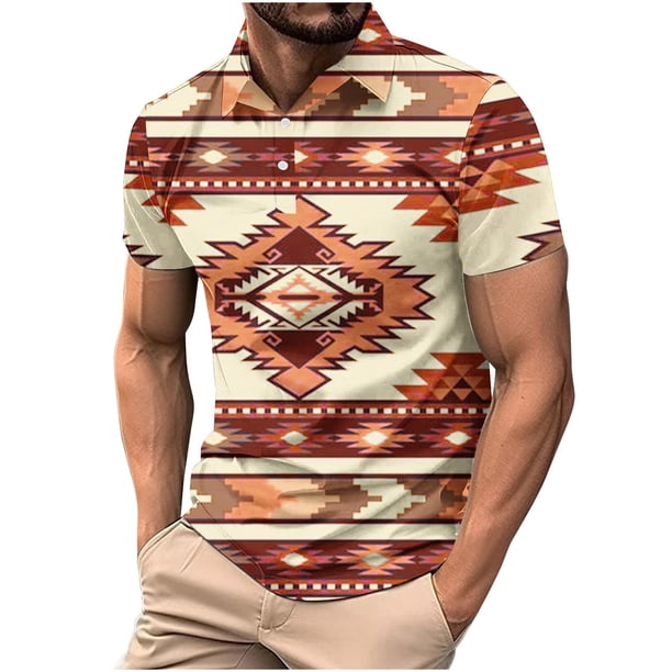 Camisas de Manga Larga para Hombres Impresos Girar Hacia Abajo Botones de Cuello Lateral Dividido, Casual Blusa de Manga Corta
