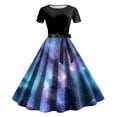 thumbnail image 4 of COMVALUE Women's Sun Moon Star Galaxy A-Line Dress Short Sleeve High Waisted Belted Midi Dress (Sky Blue, L), 4 of 4