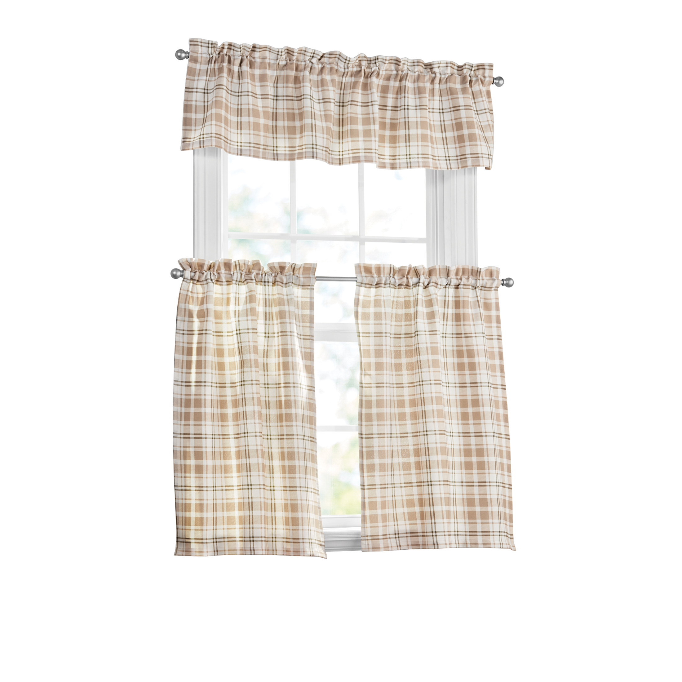 Mainstays 3 Pieces Printed Tier Sets Plaid Beige, Recycled Polyester, BCI Cotton, 56"W x 14"L, Indoor Curtain, Adult