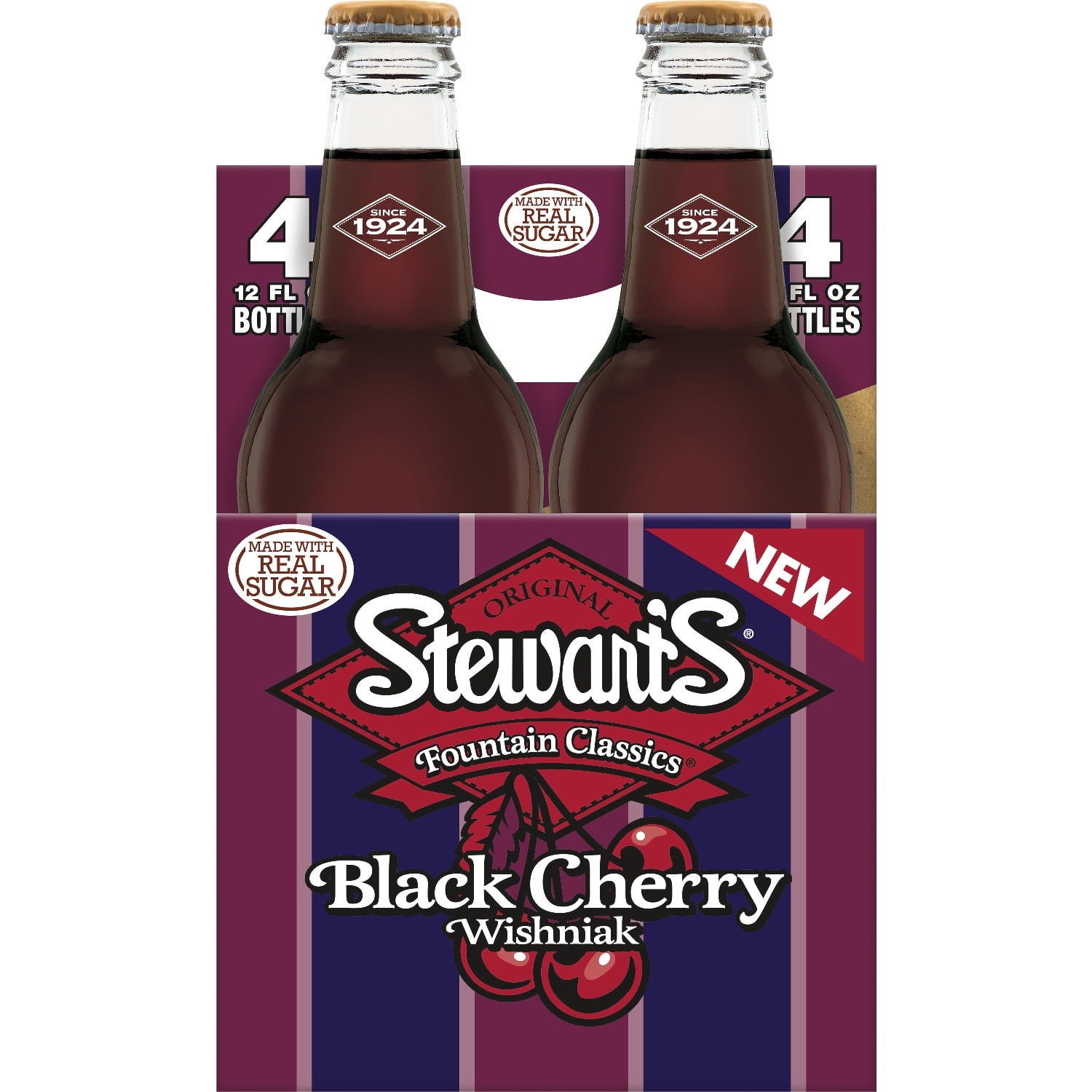 Stewart's Black Cherry Wishniak Made with Sugar, 12 fl oz glass bottles, 4 Pack