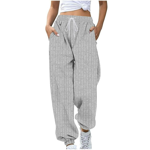 Wlynlyn Pants for Women Knit Lounge Elastic Waist Drawstring Trousers with Side Pockets Comfy Solid Color Workout Pants