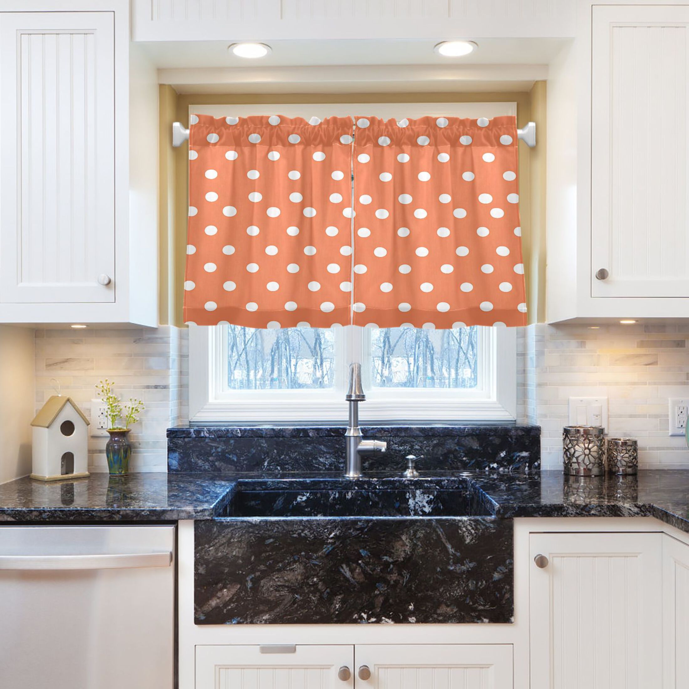 White Polka Dots 27"x36" Linen Look Cafe Curtain Set with Privacy and UV Protection