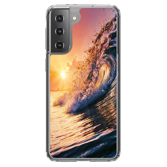 DistinctInk Clear Shockproof Hybrid Case for Galaxy S21 5G (6.2" Screen) - TPU Bumper, Acrylic Back, Tempered Glass Screen Protector - Ocean Wave Sunset