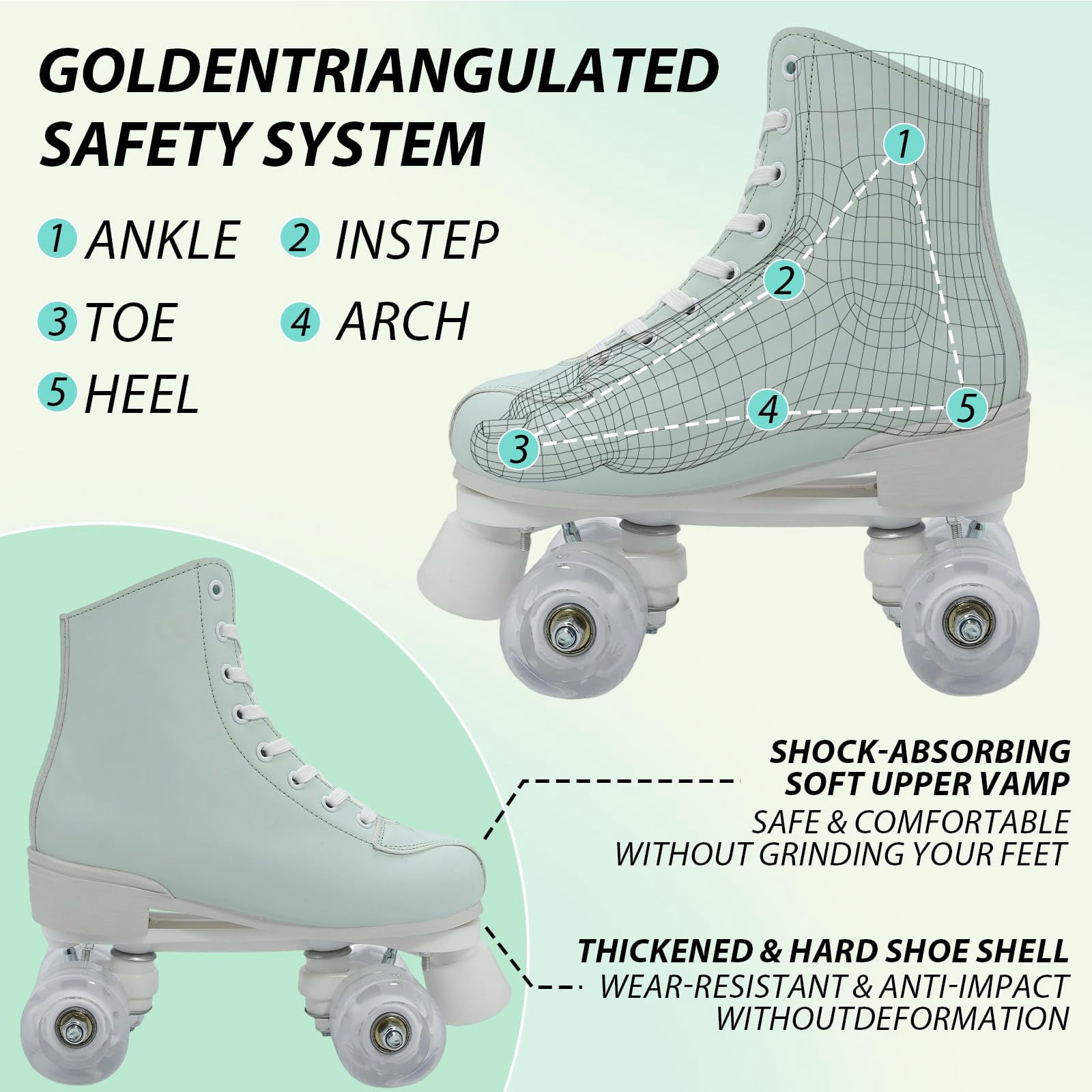 XunKA Adjustable Light Up Quad Roller Skates for Beginners - High-Top PU Leather Double-Row Wheels for Indoor Outdoor Use - Unisex Skates for Women, Men, Girls and Boys