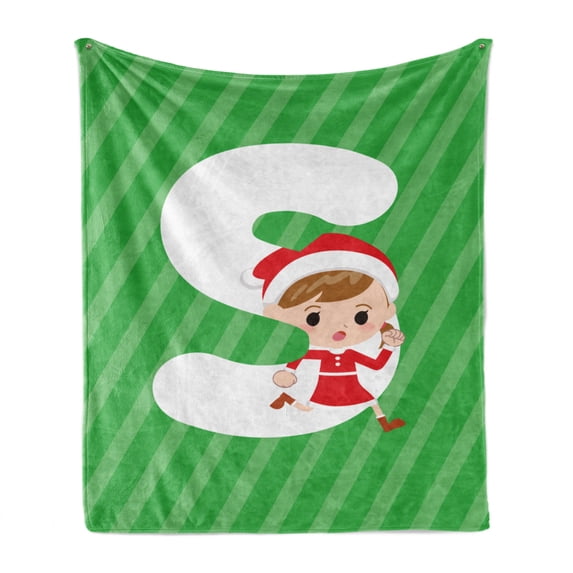 Christmas Alphabet Soft Flannel Fleece Blanket, Pattern of a Girl and the Letter S on a Striped Background, Cozy Plush for Indoor and Outdoor Use, 70" x 90", Green Dark Coral White, by Ambesonne