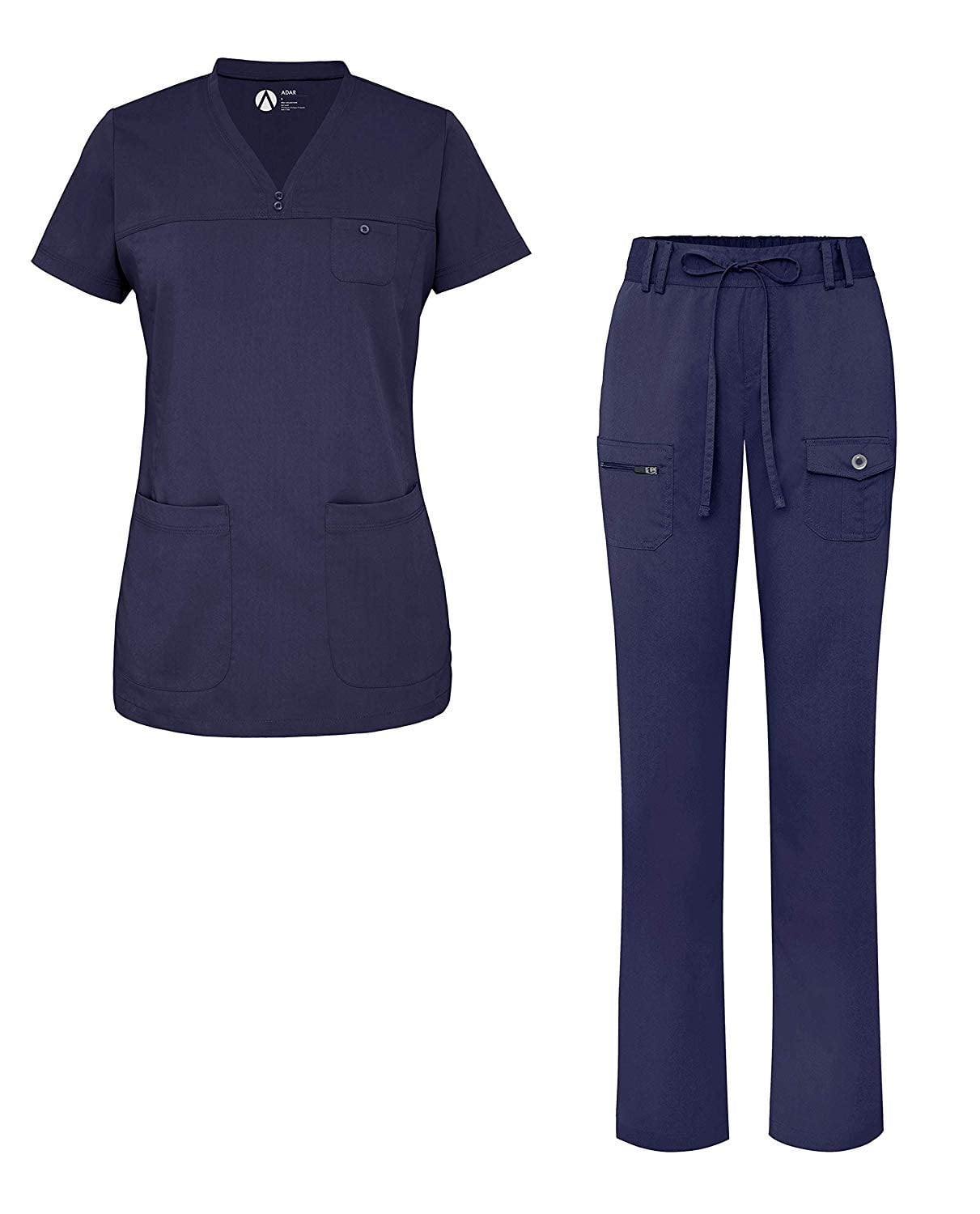 Photo 1 of Adar Scrub Set for Women - Curved V-Neck Scrub Top Tapered Drawstring Scrub Pants - 4402 - NVY - S