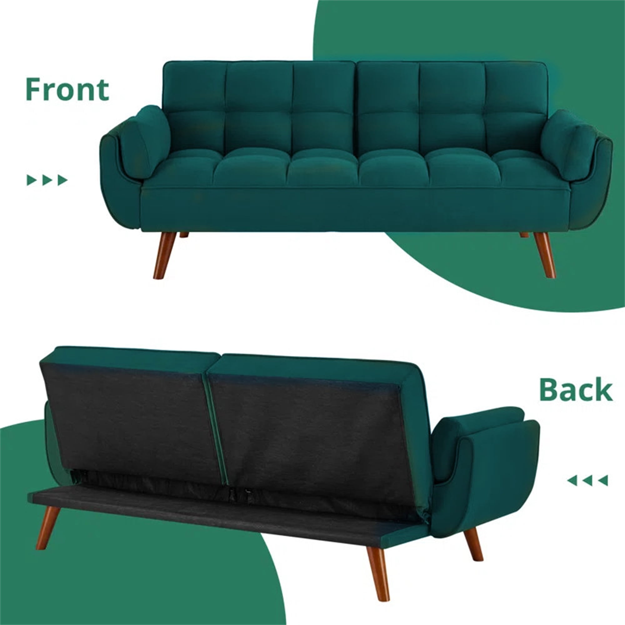 Aukfa 75" Flared Arm Futon Convertible Sofa Bed, Linen Sleeper Couch for Home Office, Green