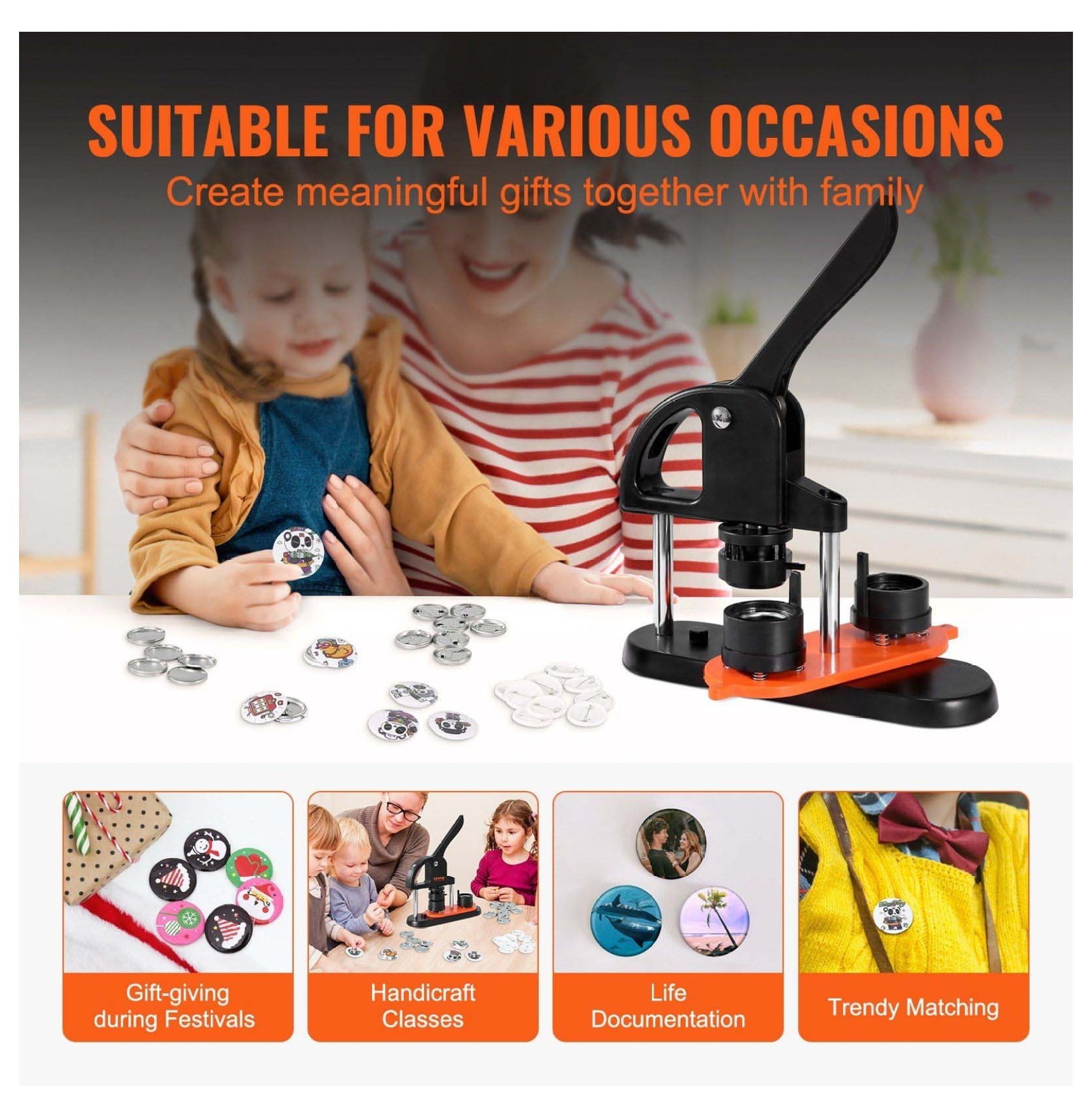 Button Maker 1.25 Inch - 32mm Pin Making Kit with 500 Parts, Ergonomic Handle - DIY Badge Machine for Kids Crafts, Gifts, Christmas Projects