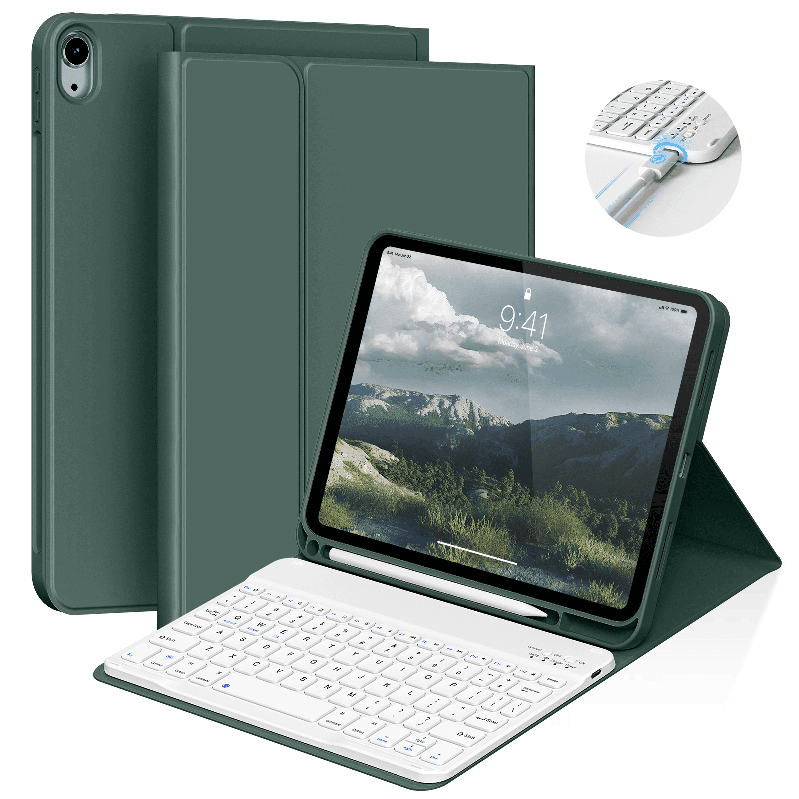 Kenke iPad (A16) 11th Generation 11 inch 2025 Keyboard Case,Case for iPad 10th Generation 10.9 inch 2022 Bluetooth Detachable -with Pencil Holder - Flip Stand Case - Keyboard Case, Dark Green