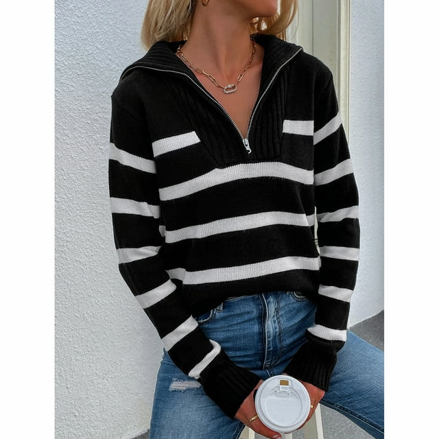 Suéter de punto de manga larga con cuello alto y rayas para mujer, estilo europeo y americano, con cremallera, para otoño e invierno