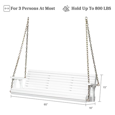 UBesGoo 5FT Wooden Porch Swing, 800LB Capacity White Hanging Bench for Garden & Patio