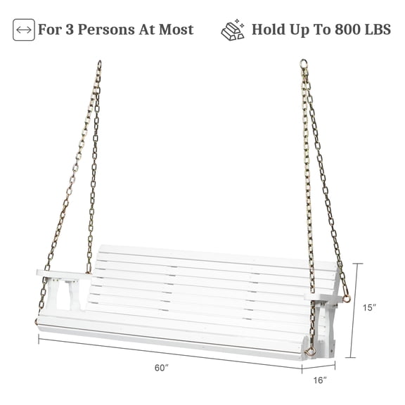UBesGoo 5FT Wooden Porch Swing, 800LB Capacity White Hanging Bench for Garden & Patio