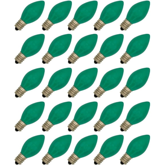 Box of 25 Light Bulbs - C7, Steady Burning - Opaque Green - 7 Watt, Extended Life, Nickel Plated Candelabra Base - Great for Night Lights, Decorative Lights and Halloween Strings