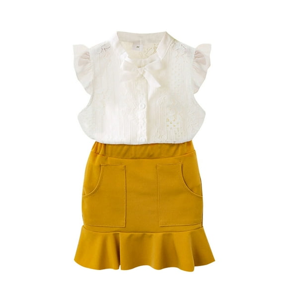 Coerni Baby Girl Casual Outfit Girls Summer Set Ruffled Sleeve Lace Tops Solid Skirt Outfits Set Teen Girl Outfits for Juniors