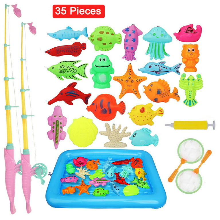 Seenda 35 PCS Magnetic Fishing Pool Toys Game for Kids - Water Table  Bathtub Kiddie Party Toy with Pole Rod Net Plastic Floating Fish Toddler  Color Ocean Sea Animals 