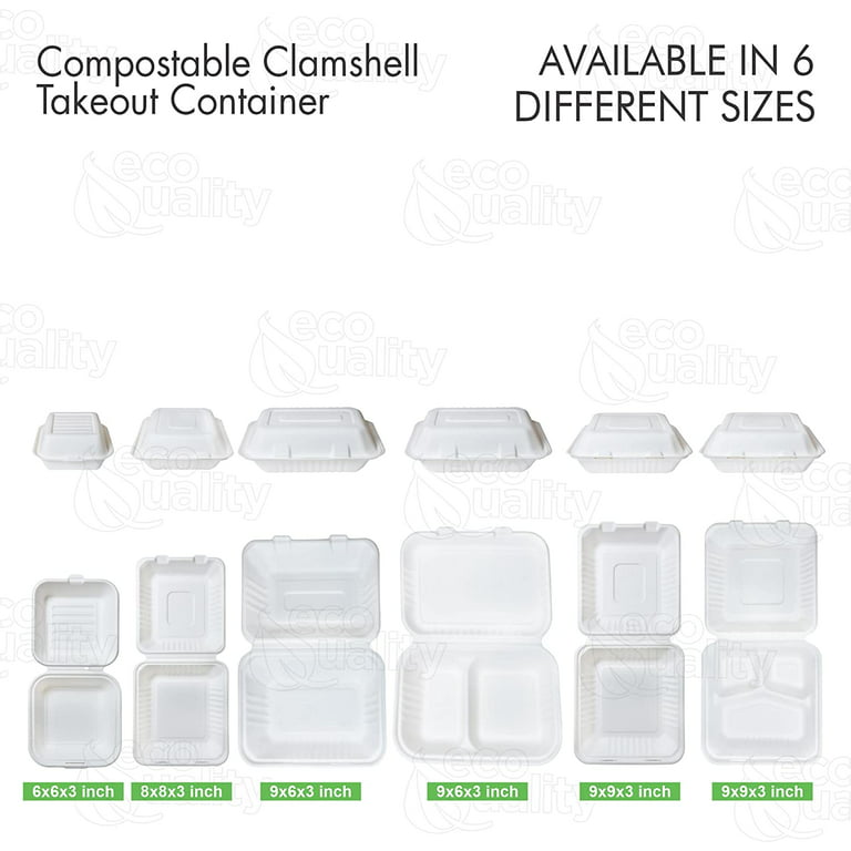 6x6 Disposable Bagasse Clamshell Food Containers with Hinged Lids