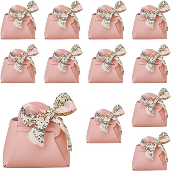 12 Pack Small Party Favor Boxes Reusable Leather Gift Candy Wrapping Bags with Handle Ribbon Pink Mini Treat Handbags for Weddings Party Guest Gift Bridal Showers Birthday
