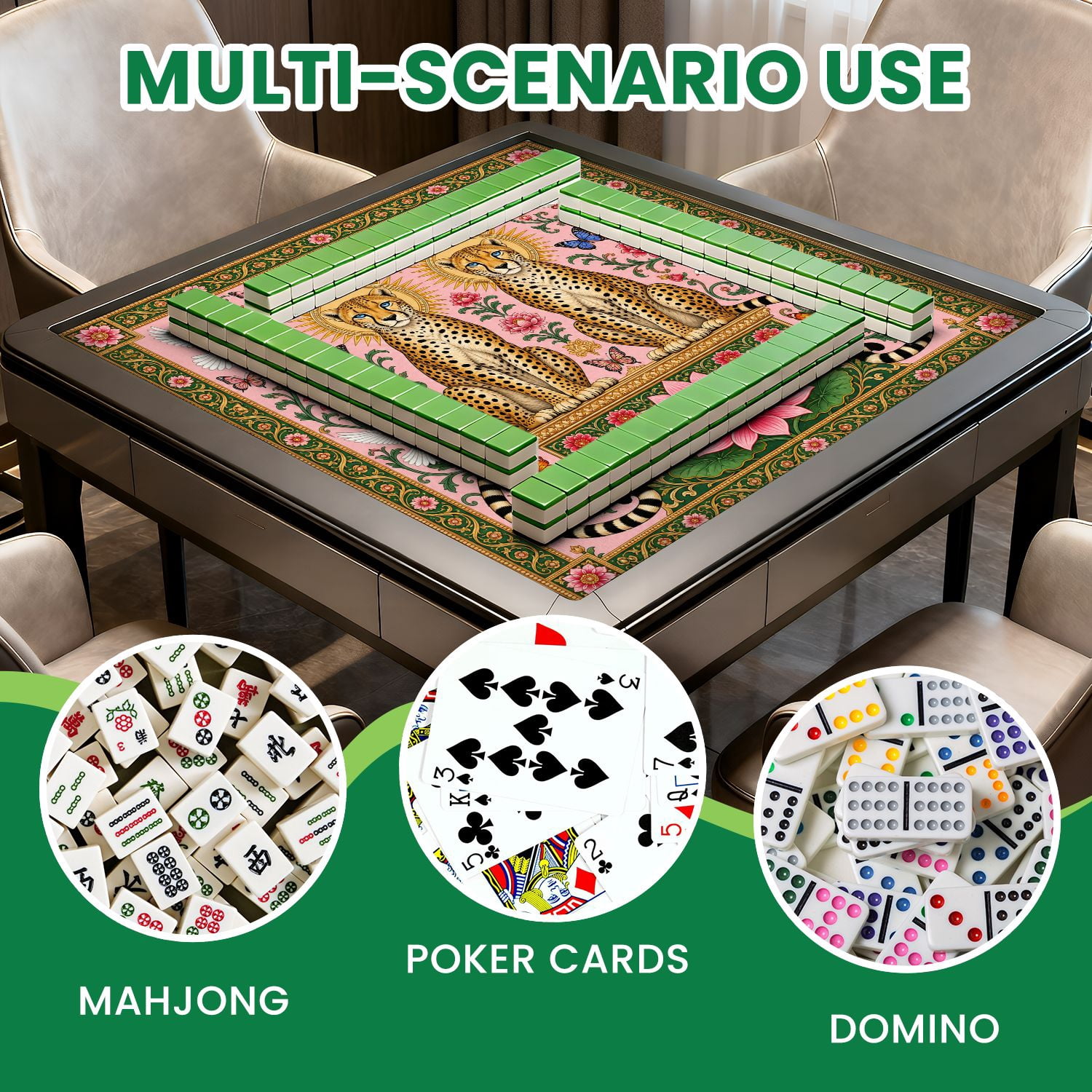 Mahjong Mat 31.5" x 31.5" Twin Leopards Golden Sunburst Floral Elements Pink Pastel Design Non-Slip Noise Reduction Chic Portable Gaming Table Cover for Family Game Night & Gift