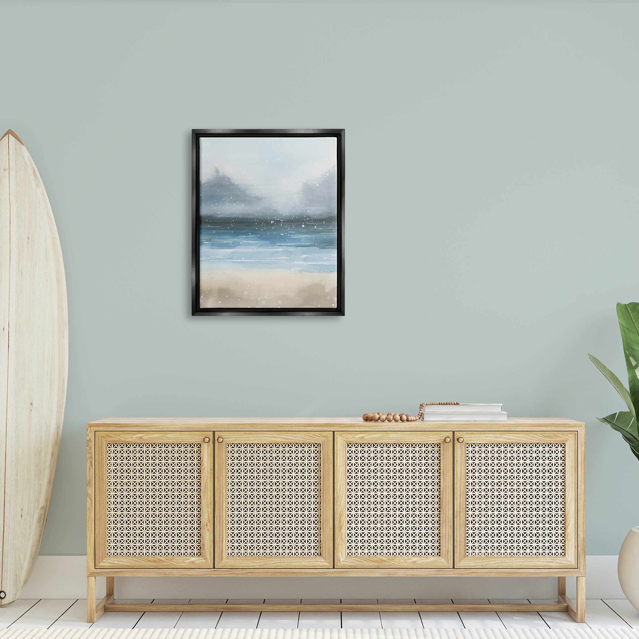 Stupell Industries Beach Snowfall Ocean Shore Graphic Art Jet Black Floating Framed Canvas Print Wall Art, Design by Grace Popp