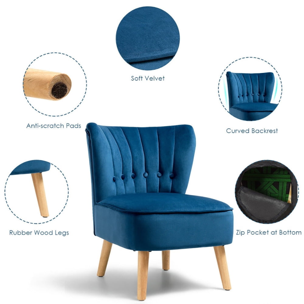 Finihen Velvet Accent Chair, Armless Accent Chair Tufted Velvet Leisure Chair, Thickly Padded, Armless Wingback Club Chairs for Living Room, Bedroom, Blue