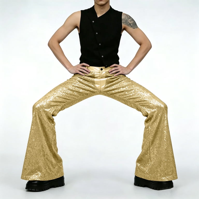 gold dress pants men Lars Amadeus Men's Metallic Slim Fit Night Club Disco Shiny Faux Leather Pants Golden 32