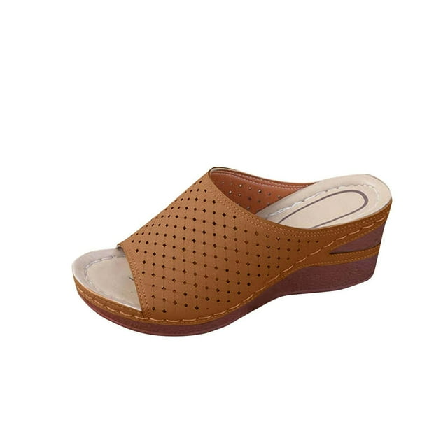 Brown Women Fashion Versatile Fish Mouth Hollow Sandals With Spring Summer Style Fashionable Wedge Heel For Comfort