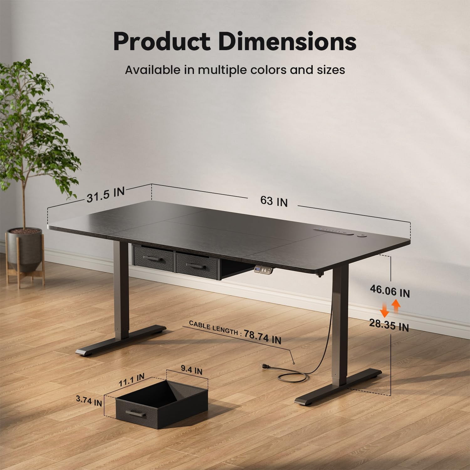 HLDIRECT Electric Standing Desk with 2 Drawers & Power Outlets & USB Ports, 63×31.5 inches Height Adjustable Desk with Storage, Sit Stand up Desk for Home Office, Black