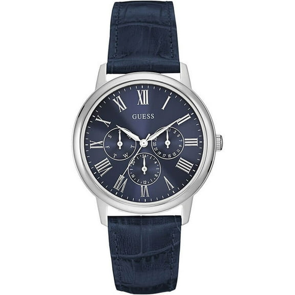 Guess Men's W0496G3, Dress,Silver-Tone,Blue dial,Blue Leather Strap,Multi-Functionn,100m WR