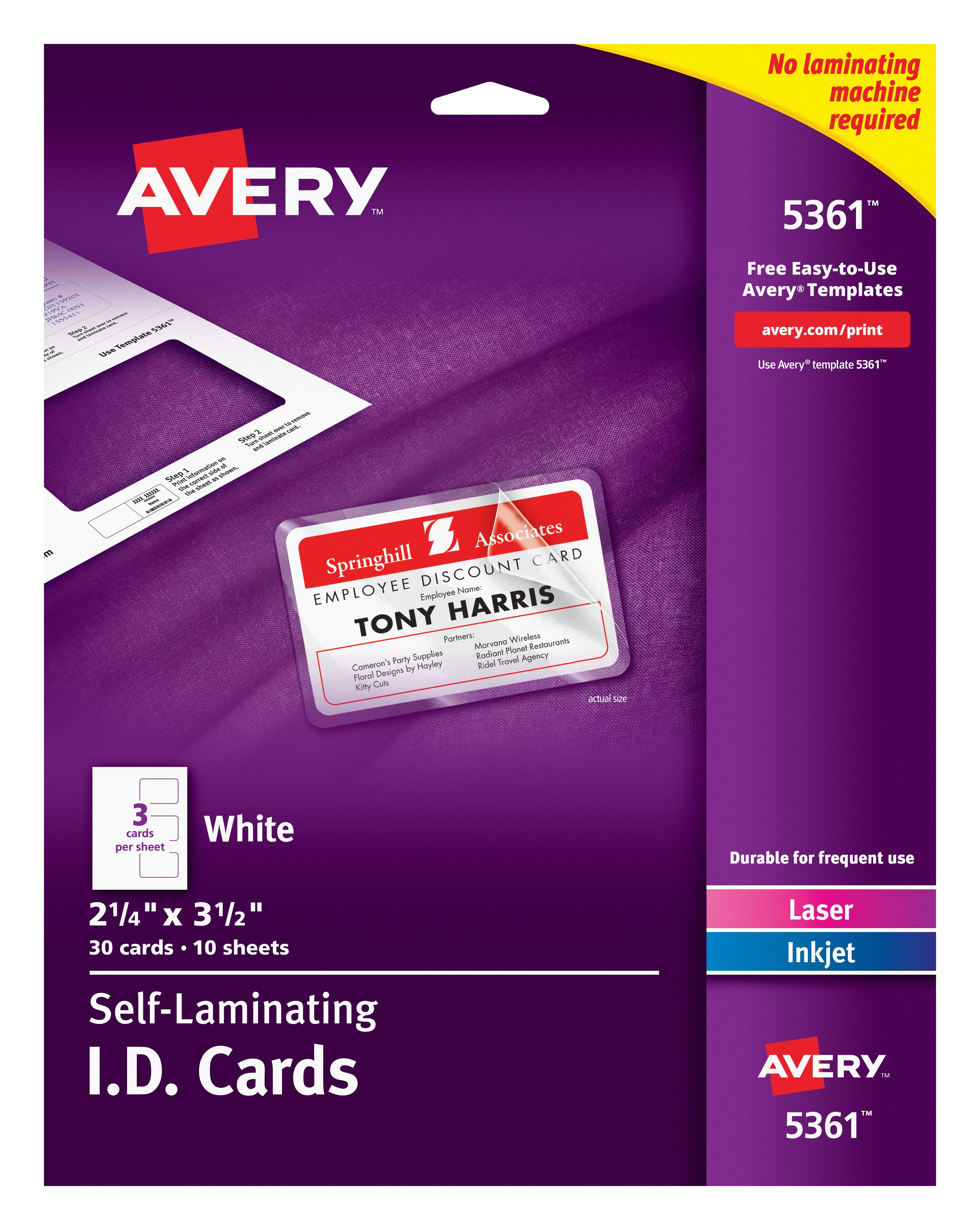 Avery Customizable Self Laminating ID Cards 2 25 X 3 5 White 30 ID Badge Cards 5361
