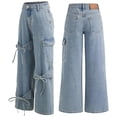 thumbnail image 3 of Y2K Tie Baggy Jeans for Women - Wide Straight Leg Denim Pants with Mid Rise Casual Boyfriend Fit Water-Washed Blue S, 3 of 7